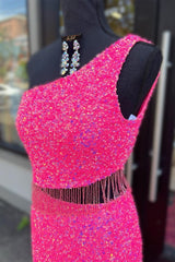 Formal Dresses Short, Fuchsia One Shoulder Sequins Tassels Cut-Out Long Prom Dress with Slit