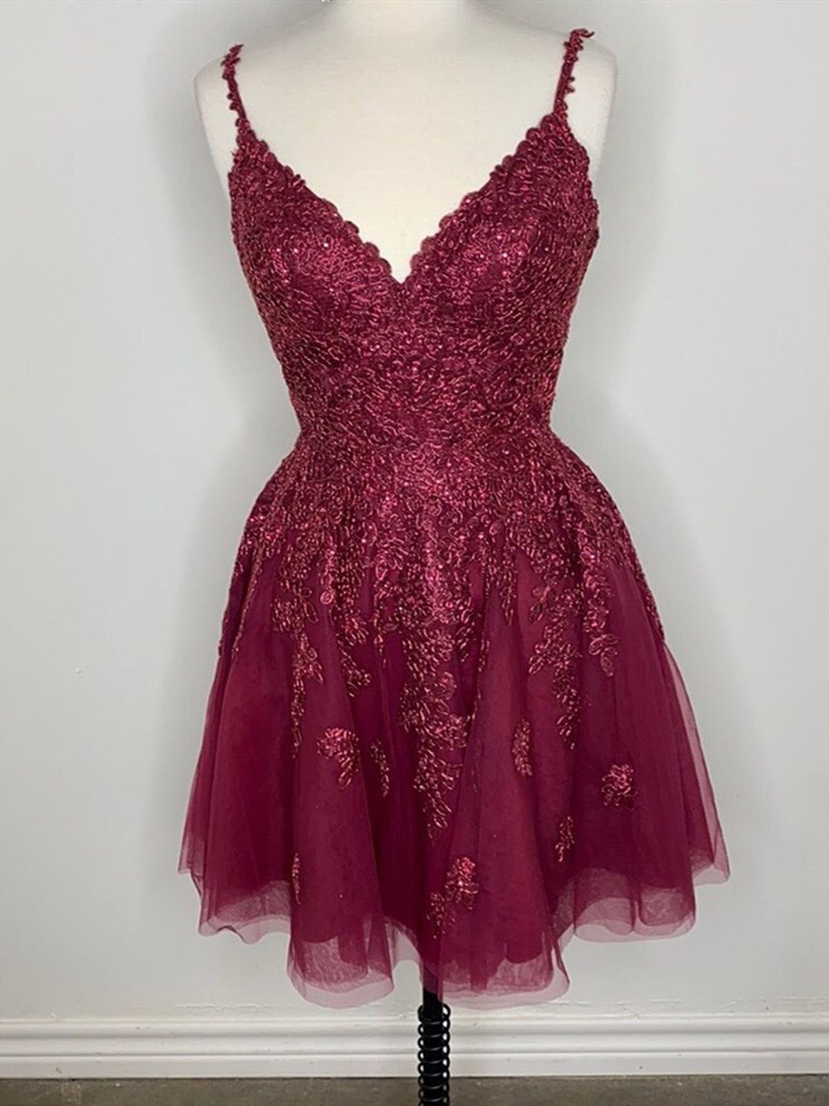 Party Dress Classy Elegant, Short V Neck Burgundy Lace Prom Dresses, Short Wine Red Lace Homecoming Graduation Dresses