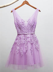 Graduation Outfit, Short V-neckline Tulle with Applique Short Formal Dress, Cute Party Dress