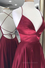 Bridesmaid Dresses Style, Simple A Line V Neck Backless Burgundy Long Prom Dresses, Backless Burgundy Formal Graduation Evening Dresses