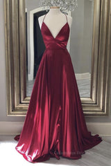 Bridesmaids Dresses Styles, Simple A Line V Neck Backless Burgundy Long Prom Dresses, Backless Burgundy Formal Graduation Evening Dresses