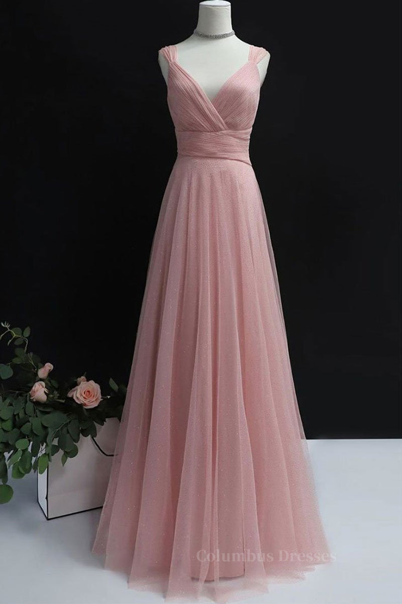 Party Dresses Night Out, Simple A Line V Neck Pink Tulle Long Prom Dress Bridesmaid Dress, V Neck Pink Formal Dress, Pink Evening Dress