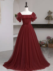 Party Dress Sale, Simple Burgundy A line Long Prom Dresses, Burgundy Bridesmaid Dresses