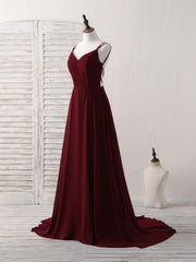 Wedding Flower, Simple Burgundy Chiffon Long Prom Dress Backless Evening Dress