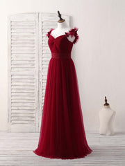 Black Tie Wedding, Simple Burgundy Tulle Long Prom Dress Burgundy Bridesmaid Dress