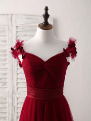 Summer Wedding, Simple Burgundy Tulle Long Prom Dress Burgundy Bridesmaid Dress