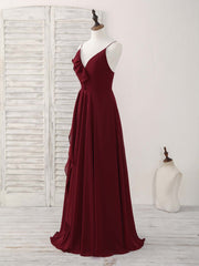 Bridesmaid Dresses Orange, Simple Burgundy V Neck Chiffon Long Prom Dress, Bridesmaid Dress