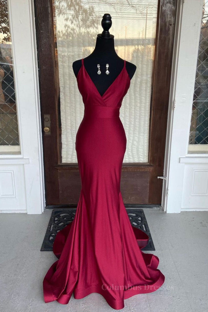 Mafia Dress, Simple burgundy v neck satin mermaid long prom dress burgundy evening dress