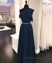 Party Dress Pattern Free, Simple chiffon dark blue long prom dress, bridesmaid dress