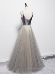 Party Dress Long, Simple gray v neck tulle long prom dress, gray tulle formal dress