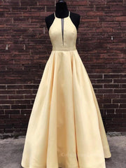 Prom Dress For Sale, Simple Halter Yellow Satin Long Prom Dresses 2019, Yellow Formal Dresses Long Evening Dresses