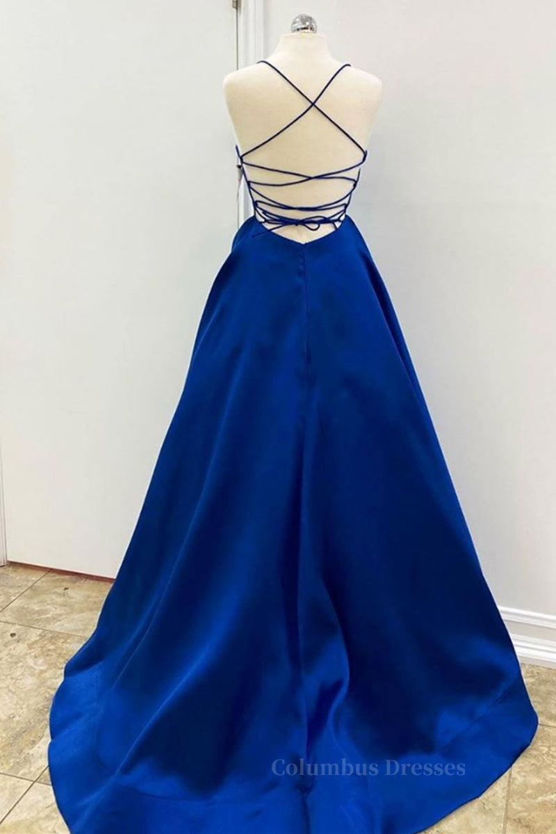 Party Dress Sparkle, Simple V Neck Backless Royal Blue Satin Long Prom Dress, Royal Blue Backless Formal Dress, Royal Blue Evening Dress, Ball Gown