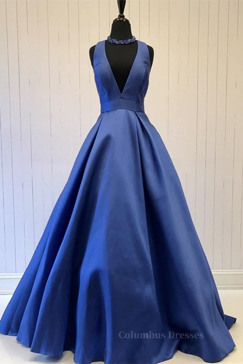 Summer Wedding Guest Dress, Simple V Neck Blue Satin Long Prom Dress, V Neck Blue Formal Dress, Cheap Blue Evening Dress