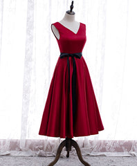 Evening Dresses On Sale, Simple V Neck Satin Burgundy Short Prom Dress, Burgundy Bridesmaid Dress