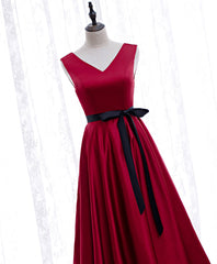 Evening Dresses Cheap, Simple V Neck Satin Burgundy Short Prom Dress, Burgundy Bridesmaid Dress