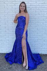 Sky Blue Sequins Strapless Long Prom Dress