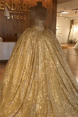 Spaghetti Straps Gold Beaded Lace Evening Dress Luxurious Ball Gown Princess Open Back Prom Party Gowns