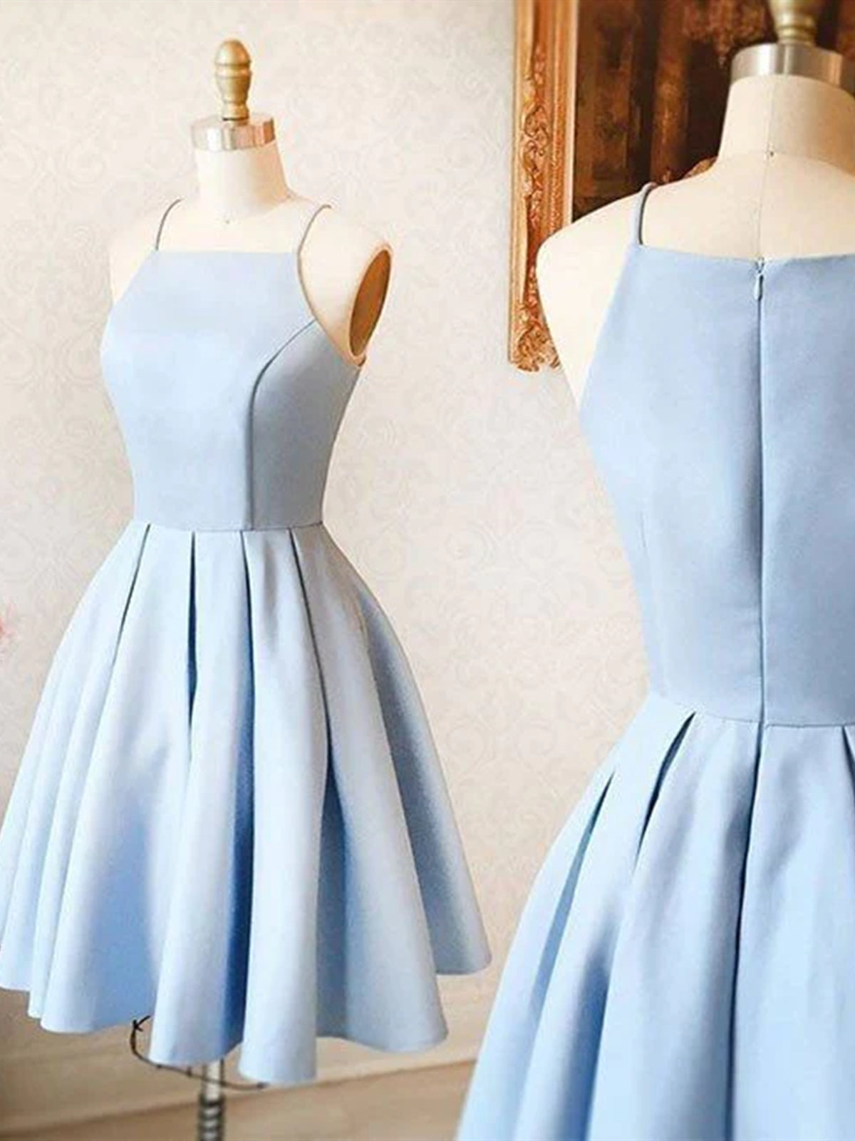 Party Dresses Short, Spaghetti Straps Short Light Blue Prom Dresses, Short Light Blue Graduation Homecoming Dresses