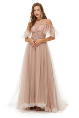 Bridesmaid Dresses Strapless, Sparkle Beaded Cool Shoulder A-Line Beaded Prom Dresses