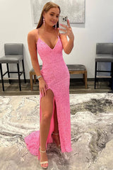 Sparkly Pink Detachable Train Sequins Prom Dress with Slit