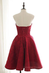 Party Dress Modest, Strapless Backless Burgundy Lace Short Prom Dress, Short Burgundy Lace Homecoming Dress