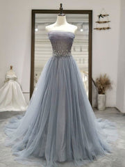 Party Dress New, Strapless Gray Tulle Long Prom Dresses, Strapless Gray Long Formal Evening Dresses