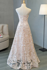 Evening Dresses Ball Gown, Strapless Pink Lace Long Prom Dresses, Pink Lace Formal Graduation Evening Dresses