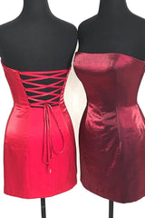 Evening Dress Short, Strapless Sheath Lace-Up Burgundy Homecoming Dress