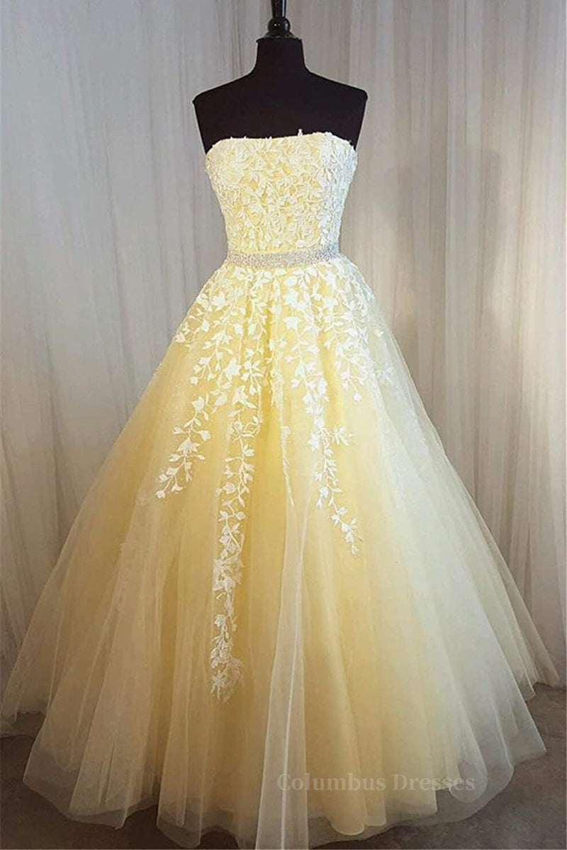 Prom Dresses 2061 Short, Strapless Yellow Lace Long Prom Dress, Yellow Lace Formal Graduation Evening Dress, Yellow Ball Gown