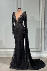 Evening Dresses Gold, Stylish Black A-line Mermaid Evening Dress Deep V-Neck Beadings Long Sleeves Prom Dress