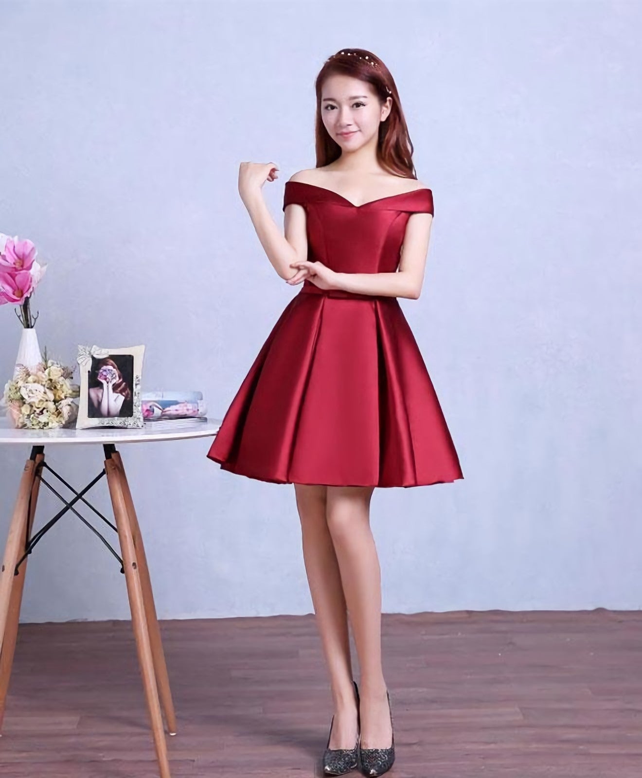 Bridesmaid Dresses Shop, Burgundy Knee Length Prom Dress, Homecoming Dress