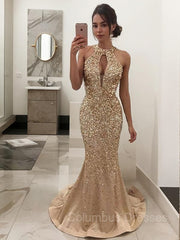 Prom Dress Places Near Me, Trumpet/Mermaid Halter Sweep Train Satin Prom Dresses