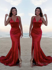 Party Dress Meaning, Trumpet/Mermaid Halter Sweep Train Silk like Satin Prom Dresses With Leg Slit