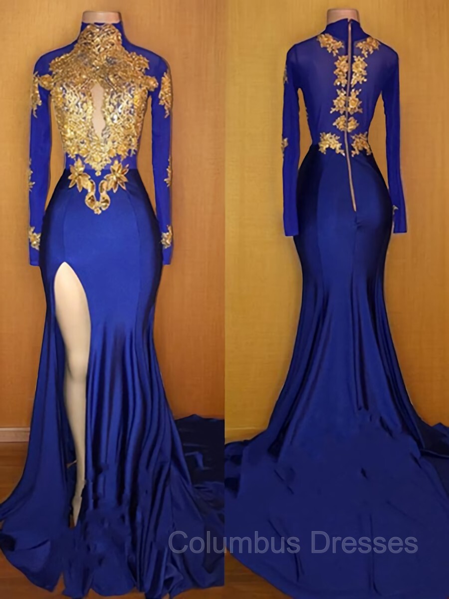 Prom Dresses Piece, Trumpet/Mermaid High Neck Sweep Train Jersey Prom Dresses With Leg Slit