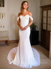 Wedding Dress Classic, Trumpet/Mermaid Off-the-Shoulder Chapel Train Charmeuse Wedding Dresses