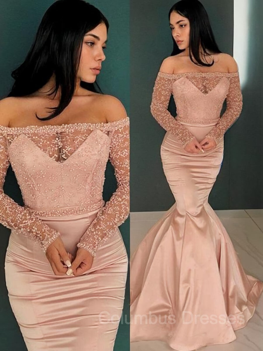 Hoco Dress, Trumpet/Mermaid Off-the-Shoulder Sweep Train Satin Evening Dresses