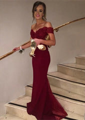 Prom Dresses Blushes, Trumpet/Mermaid Sleeveless Off-the-Shoulder Sweep Train Lace Prom Dress With Appliqued Beaded Sequins