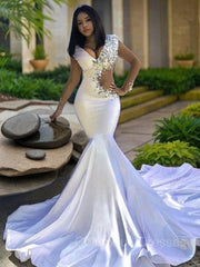 Prom Dresses Black Girls, Trumpet/Mermaid V-neck Chapel Train Elastic Woven Satin Evening Dresses With Beading