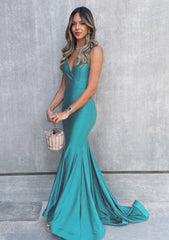 Black Tie Wedding Guest Dress, Trumpet/Mermaid V Neck Sleeveless Sweep Train Jersey Prom Dress