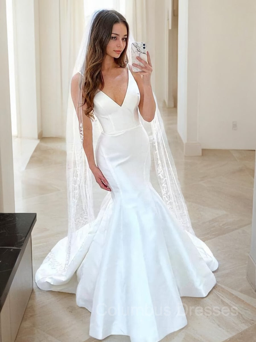 Wedding Dresses And Shoes, Trumpet/Mermaid V-neck Sweep Train Satin Wedding Dresses