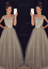 Formal Dress For Wedding Reception, Tulle Long/Floor-Length A-Line/Princess Sleeveless Bateau Zipper Prom Dress With Beaded