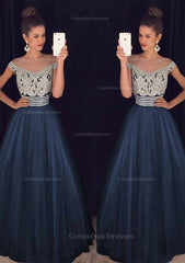 Formal Dresses For Wedding Guest, Tulle Long/Floor-Length A-Line/Princess Sleeveless Bateau Zipper Prom Dress With Beaded