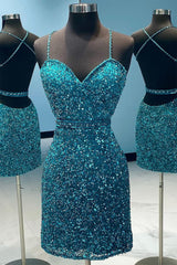 Turquoise Spaghetti Straps Sequins Homecoming Dress