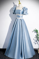 Prom Dresses Red, Unique Blue Satin Long Prom Dress, A-Line Short Sleeve Blue Evening Dress