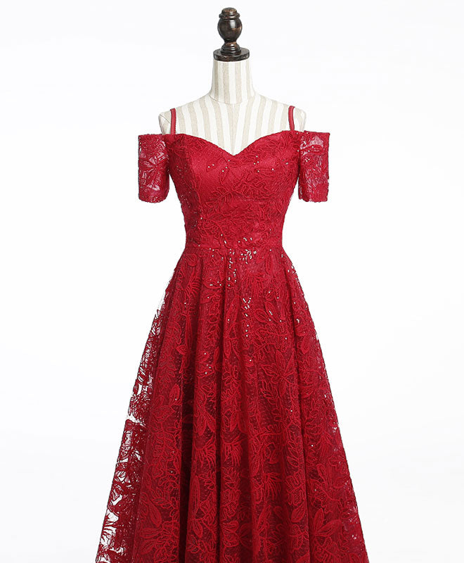 Prom Dressed Short, Unique Burgundy Lace Long Prom Dress, Burgundy Evening Dress