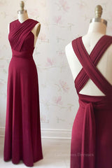 Formal Dress Short, Unique Burgundy Long Prom Dress with Cross Back, Burgundy Formal Graduation Evening Dress, Burgundy Bridesmaid Dress