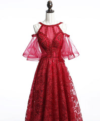 Prom Dress Places, Unique Off Shoulder Tulle Lace Burgundy Long Prom Dress, Evening Dress