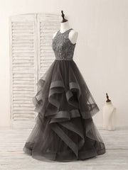 Party Dress Teens, Unique Round Neck Lace Applique Tulle Long Prom Dresses