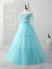 Bridesmaids Dresses Uk, Unique Tulle Lace Applique Long Prom Dress, Green Evening Dress