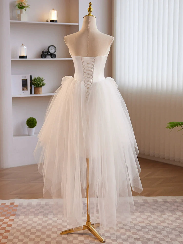 Formal Dresses Graduation, Unique White Tulle Satin Short Prom Dress, White Homecoming Dress